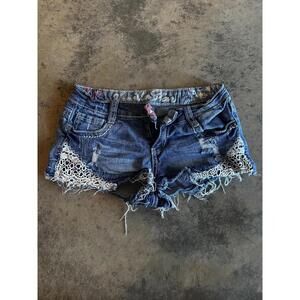 Women's Distressed Denim Shorts with Lace Detail